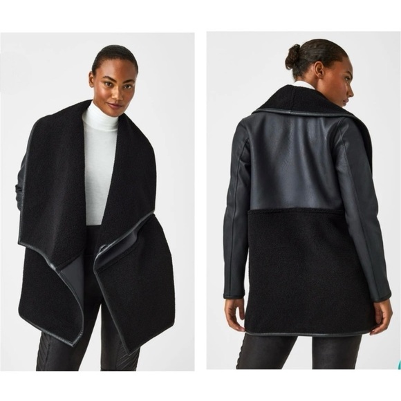 Spanx Fleece & Faux Leather Long Wrap Jacket In Very Very
Black Size Small NEW - Picture 1 of 10